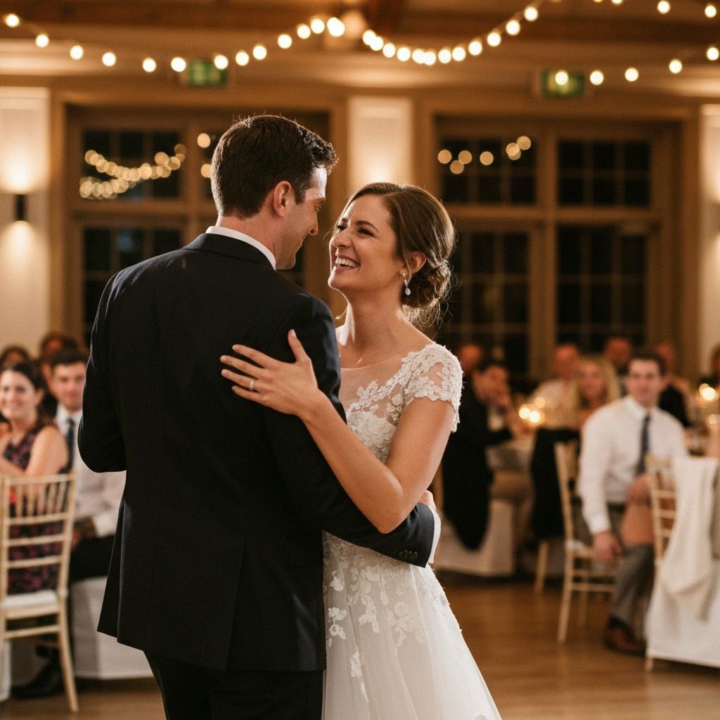 Smiling couple at elegant wedding reception